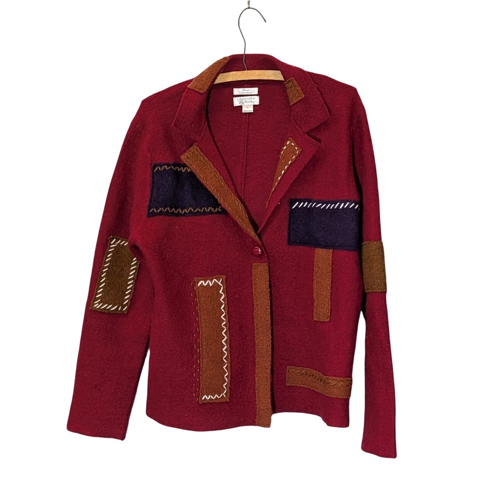 Vintage Wool Cardigan Jacket Red Hand Embroidered Patchwork Boho- XL